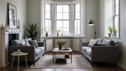 Bright and airy living room showcasing grey sofas positioned opposite each other with a wooden coffee table and large window inviting natural light