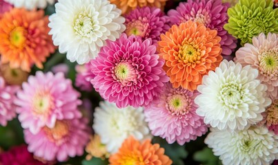 Flowers wall background with amazing red, orange, pink, purple, green and white chrysanthemum flowers