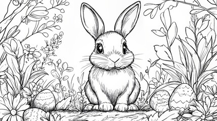 Cute bunny sitting among colorful Easter eggs and blooming flowers in springtime garden