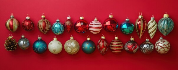 Colorful christmas ornaments collection on red background