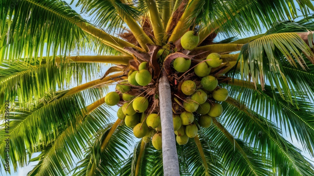 Sticker Coconut palm tree with vibrant green coconuts and lush leaves against a bright blue sky showcasing nature's beauty in a serene garden setting