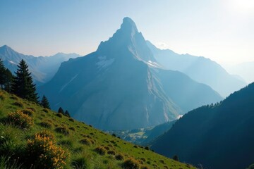 Fototapeta premium A misty mountain peak rises above the valley below, mountain, nature, mist
