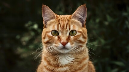 Close-up portrait of a ginger tabby cat with striking green eyes against a blurred dark green background highlighting its vibrant orange fur.