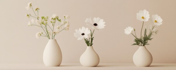 Minimalist floral arrangement in cream vases on neutral background