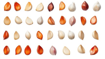 A collection of garlic cloves in various colors and shapes arranged in a grid pattern.
