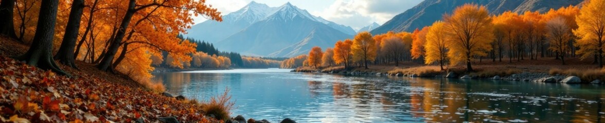 Autumnal colors on the riverbank amidst Kamchatka trees, landscape, leaves, riverbank
