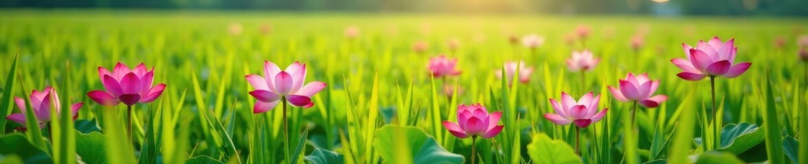 Fototapeta premium Autumn rice paddies with lotus flowers blooming in the foreground, farm, paddy