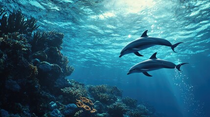 Fototapeta premium Top view of a sea with dolphins playing near a coral reef.