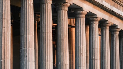 Obraz premium Stone pillars in warm sunset light, positioned vertically in a structured row, showcasing intricate details and shadows against a softly illuminated background.