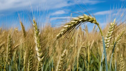 Obraz premium Golden wheat swaying in a bright field under a vibrant blue sky with wispy clouds in the background, showcasing the beauty of nature's harvest.