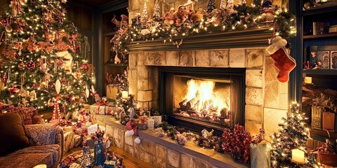 A cozy fireplace surrounded by holiday decorations in a family room