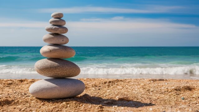 Tranquil stacked grey pebbles on sandy beach with gentle waves in the background under a clear blue sky capturing serenity and balance