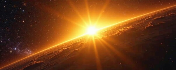 Bright golden sun flare in the vastness of space, bright yellow, universe