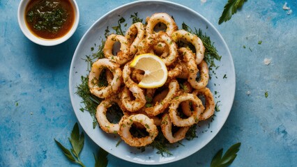 Crispy seasoned squid rings arranged on a blue plate, garnished with lemon slices and herbs, accompanied by a small bowl of dipping sauce.