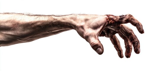 A close-up of a bloodied human hand reaching out, conveying a sense of urgency or distress.