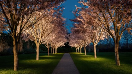 Fototapeta premium Cherry blossom trees illuminated at dusk line a garden pathway with soft pink blooms and green grass creating a serene, enchanting atmosphere.