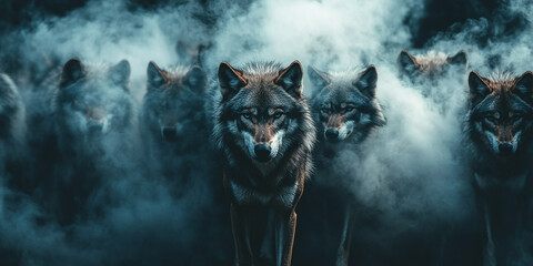 majestic wolf pack embracing the spirit of the wilderness in isolated black smoke - mystical wildlife concept