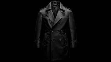 Obraz premium Black leather trench coat on black background; fashion photography for websites