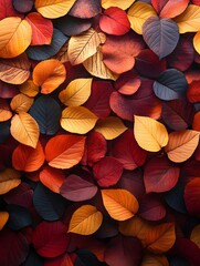 A background of autumn leaves in rich tones of red, orange, and gold.