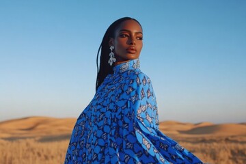 Fashion model wearing blue dress posing in desert landscape