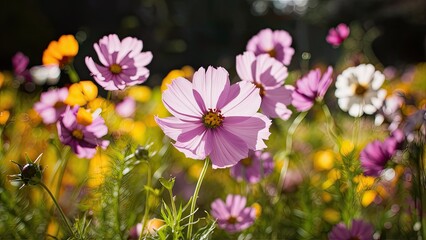 Fototapeta premium Vibrant cosmos flowers in various shades of pink and yellow bloom in a sunlit field, surrounded by lush green foliage and soft bokeh background.