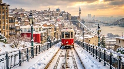 Obraz premium Snowy tramway in Istanbul's historic district, with ornate bridges and steep hills in the background