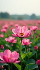Fototapeta premium Delicate pink flowers bloom in a vast tobacco field, crops, fresh