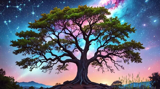Mystical cosmic tree at night, vibrant nebula sky, large roots, fantasy art, digital painting.