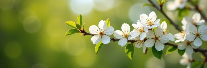 Fototapeta premium Delicate white blooms adorn a sturdy tree's branches, golden leaves, spring, greenery