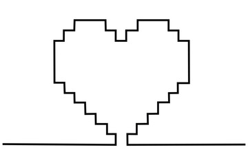 Heart vector pixel continuous one line drawing, Love symbol black isolated vector signs.