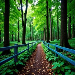Dense forest with blue wooden fence in background, background, woods, forest