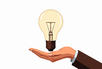 Idea Bulb Vector Illustration: White light bulb on a hand, clean lines and minimalist design, isolated on white. Suitable for business, innovation, and design projects.
