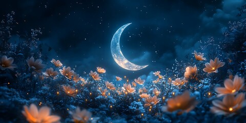 Fototapeta premium Crescent Moon Illuminating Orange Flowers Under Starry Night Sky
