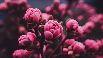 Closeup of vibrant pink flower buds in soft focus with rich green leaves in the background, showcasing intricate petal details and natural beauty.
