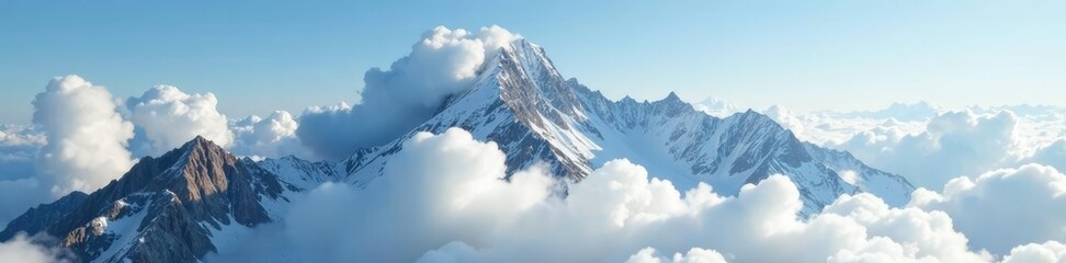 Fluffy white clouds envelop the rugged summit of a mountain, rugged, cloud, fluffy