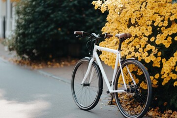 Fototapeta premium White bicycle parked near yellow flowers blooming in autumn