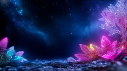 High-tech forest featuring crystalline trees and vibrant neon-colored leaves under a starry night sky