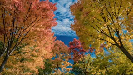Obraz premium Vibrant autumn trees with red, orange, and yellow leaves framed by a clear blue sky and fluffy clouds, captured from below with selective focus.
