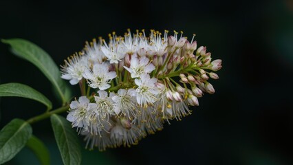 Summersweet Clethra alnifolia flower head in soft white and pale pink against a dark backdrop, featuring delicate blossoms and green leaves.