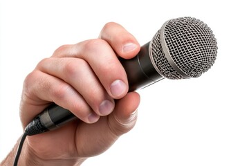A hand gripping a microphone, symbolizing communication or performance.