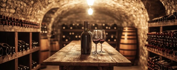 Obraz premium Rustic wine cellar with wooden table, bottle, and glasses in stone vaulted room