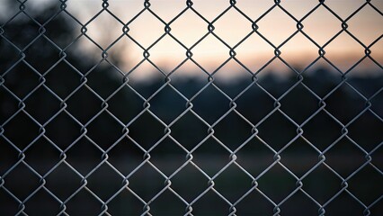 Fototapeta premium Chain link fence with silver metal links in the foreground, blurred sunset and trees in soft hues of orange and blue in the background.