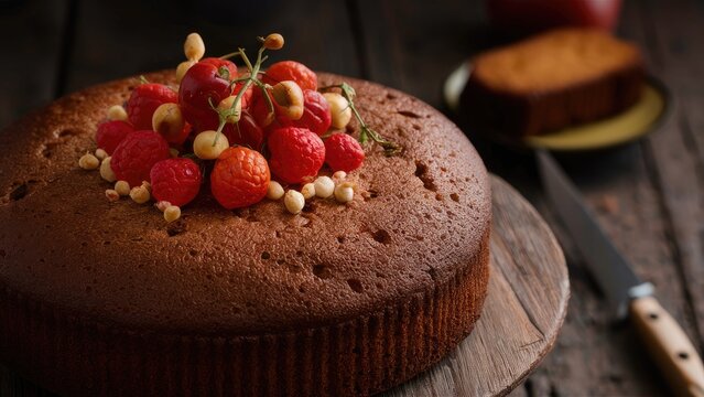 Freshly baked chocolate cake topped with vibrant raspberries and nuts on a rustic wooden surface with muted background elements and soft lighting