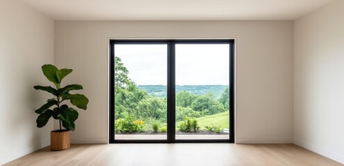 Fototapeta premium Minimalist home concept. Modern room with large window showcasing a scenic green landscape outside.
