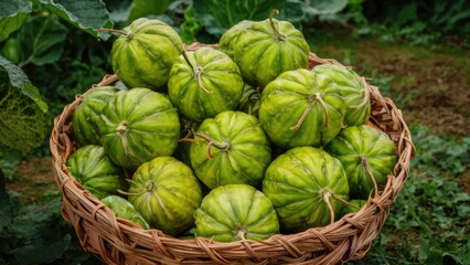 Basket filled with fresh green cucamelons resting on a wooden surface surrounded by lush green foliage in a garden setting.