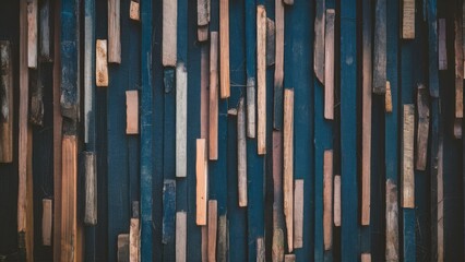 Obraz premium Abstract wooden panel background featuring vertical strips of light and dark wood against a deep blue backdrop, creating a textured and modern aesthetic.