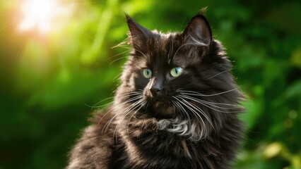 Black fluffy cat with striking green eyes, positioned slightly left in a lush green background, illuminated by warm sunlight in the top left corner.