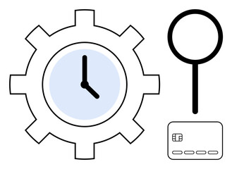 Gear-shaped clock, magnifying glass, and credit card emphasizing time management, productivity, and financial analysis. Ideal for business strategies, security, banking, project management