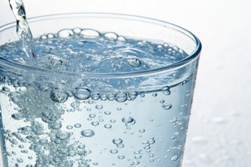 Glass container filled with carbonated water spilling over its rim, splash, spill, overflowing liquid