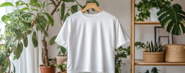 White t-shirt on hanger with indoor plants and wooden shelf background